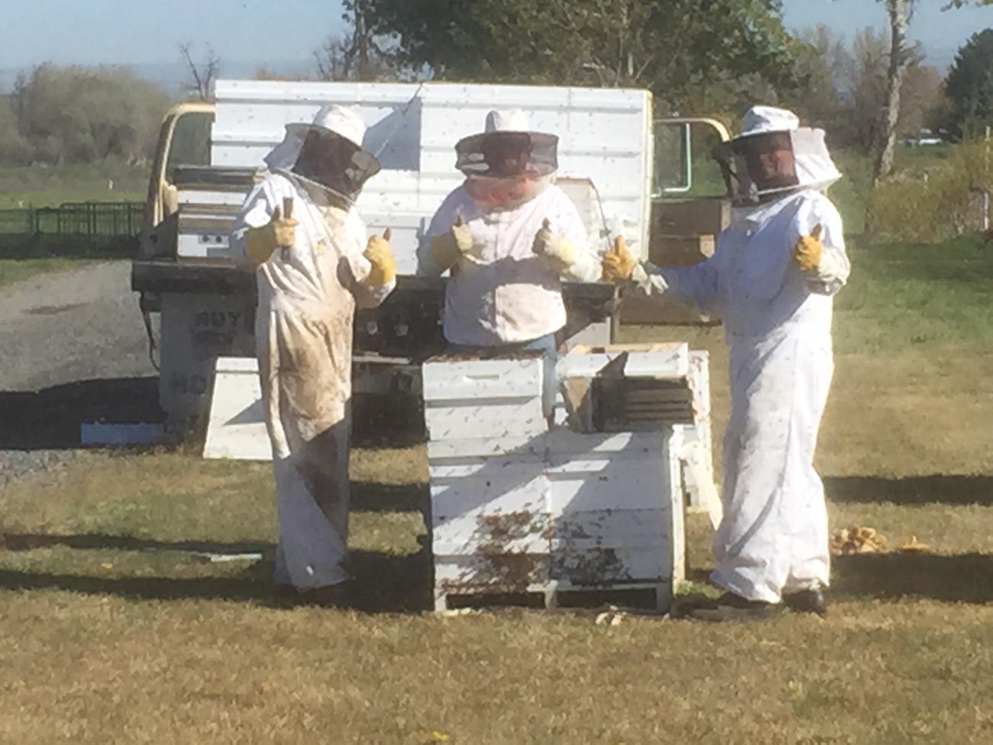3 bee keepers each give two thumbs up to the camera