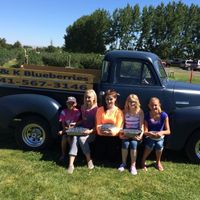 5 people hold trays of blueberries in front of an old chevy pickup