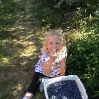 a girl is sitting on grass with a tray of blueberries